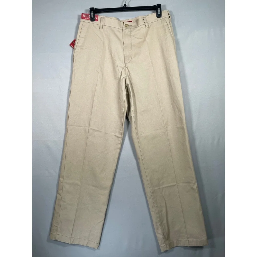 Merona Mens‎ Ultimate Khaki Pants Tan 36x34 Nano-Tex Stain Resistant Flat Front